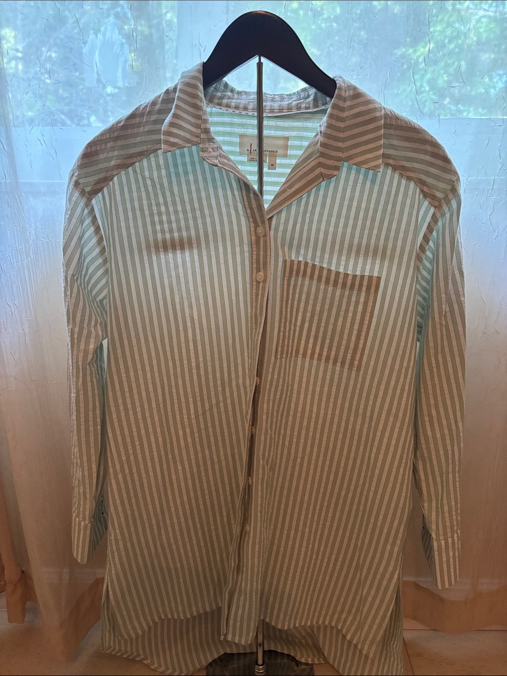 Anthropologie Mint and White Vertical Stripe Button-Down Shirt